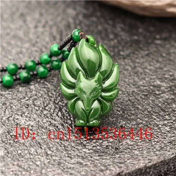 

Carved Nine-tailed Fox Jade Pendant Natural Chinese Green Beads Necklace Charm Jadeite Jewellery Fashion Lucky Amulet Gifts