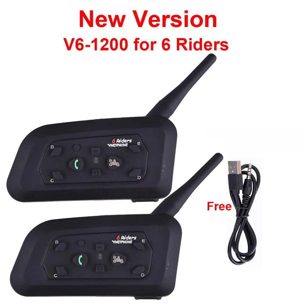 2pcs V6 Multi BT Interphone 1200M Motorcycle Bluetooth Helmet Intercom intercomunicador moto interfones headset for 6 Rider
