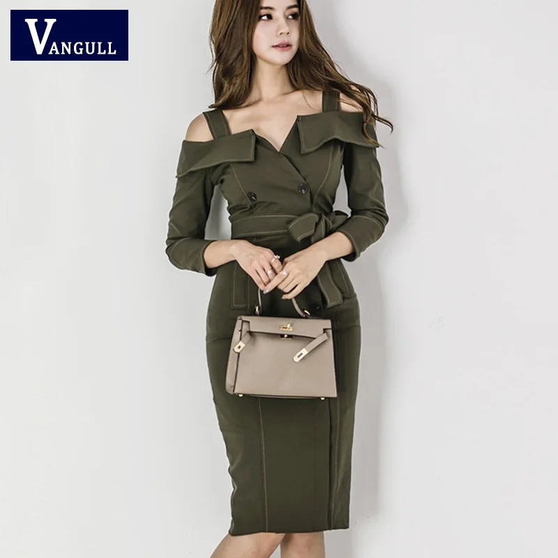 

Vangull 2019 Elegant Army Green Cold Shoulder Slash Neck Women Dress Mid-length Double Breasted Belt Lace Up Female Slim Vestido