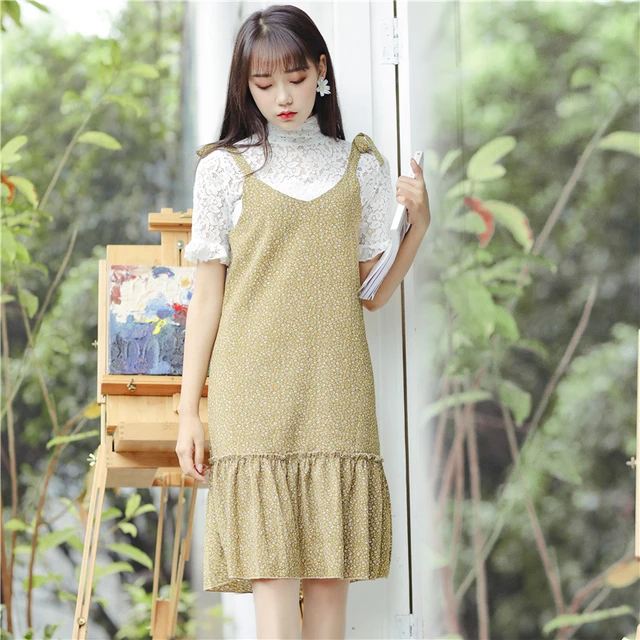 2017 Women'S Ulzzang Fresh Floral Dress And Lace Top Female Cute