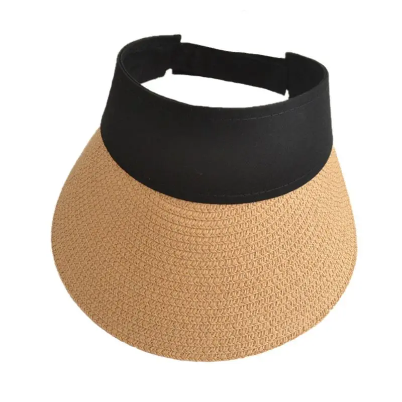 

Women Summer Open Top Straw Braided Sun Visor Hat Color Block Adjustable Magic Sticker Metal Rivet Decor Wide Brim Sport Outdoor