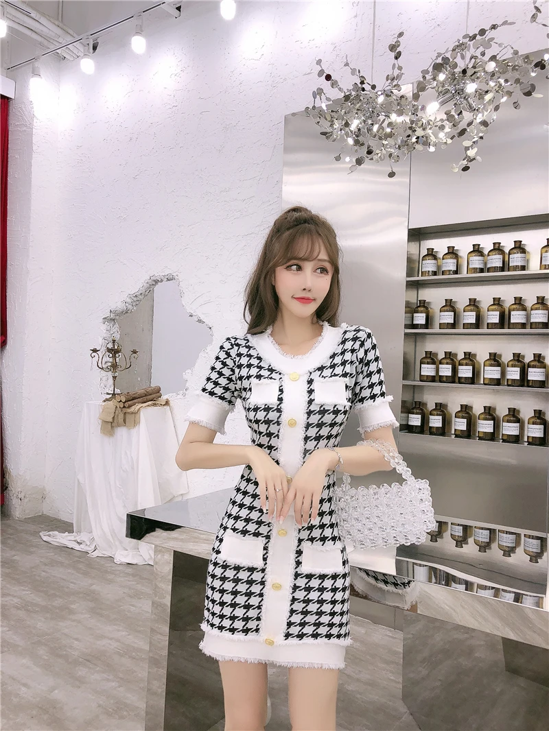 New Fashion Runway Jacquard Summer Dress Elegant Women Vintage Black White Houndstooth Dresses Ladies knitted Dress