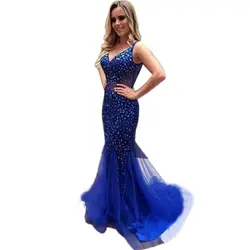 Платье с юбкой годе Королевского синего цвета платья для выпускного вечера 2017 длинные сверкающие кристаллы v-образный вырез с юбкой-годе