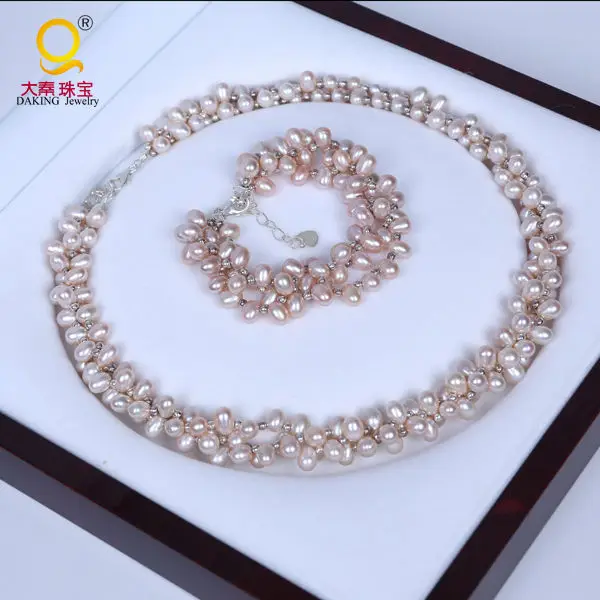 Daking REAL PEARL AAA Natural New Pink Rice Pearls 3 Strings Twisted Necklace Bracelet Fashion Jewelry (18 8 Long) Pearl Daking REAL PEARL AAA Natural New Pink Rice Pearls 3 Strings Twisted Necklace Bracelet Fashion Jewelry (18 8 Long) Pearl