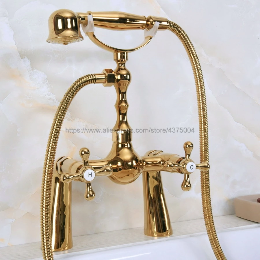 Deck Mounted Polished Gold Color Bathroom Faucet Double Cross Handles With Hand Held Shower Head Shower Faucet Set Nna148