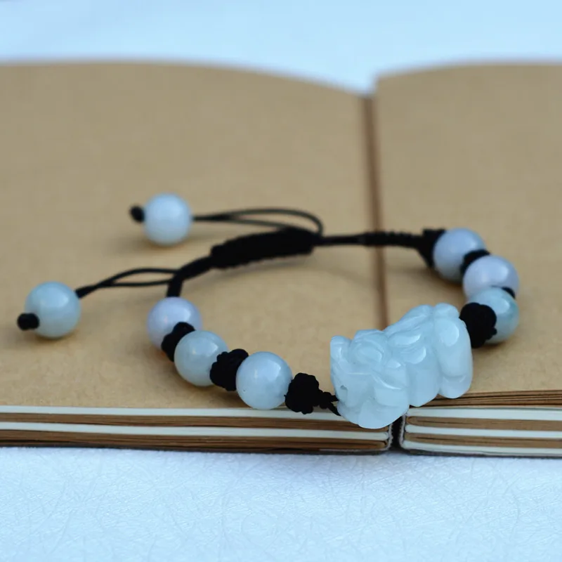 Drop Shipping AAA Natural Jadeite Bracelet Cute Handmade Weave Carved PIXIU With Round Beads Lover's Bangles Gift Jades Jewelry |