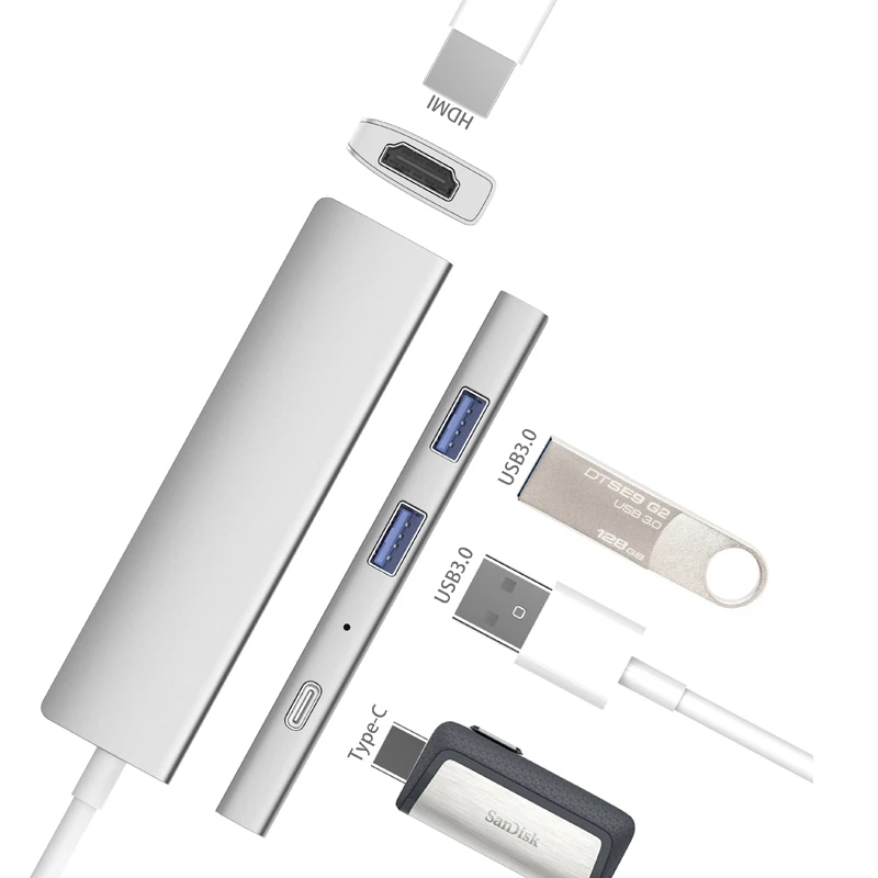

Aluminium Alloy Multifunctional USB-C Hub With 4K Video HDMI USB3.0 Type-C PD Charging Ports All in One Hub Type C USB HUB