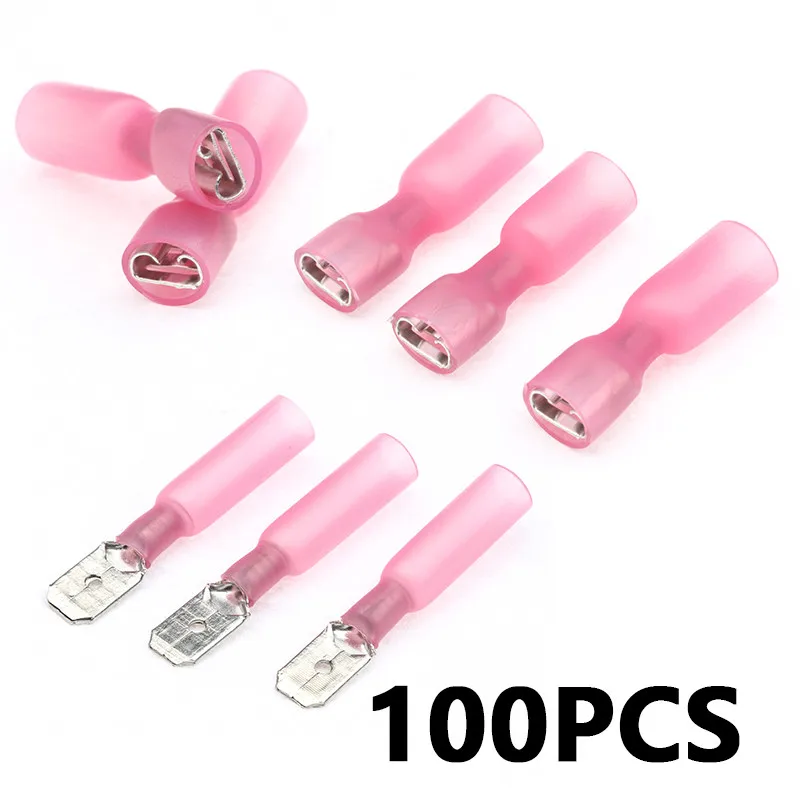 100pcs Fully Insulated Waterproof Red Heat Shrink Spade Connectors