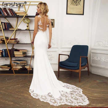 

Mermaid Wedding Dresses Sheer Neck Sleeveless Illusion Bodice Appliques Lace Satin See Through Back Beach Wedding Dresses