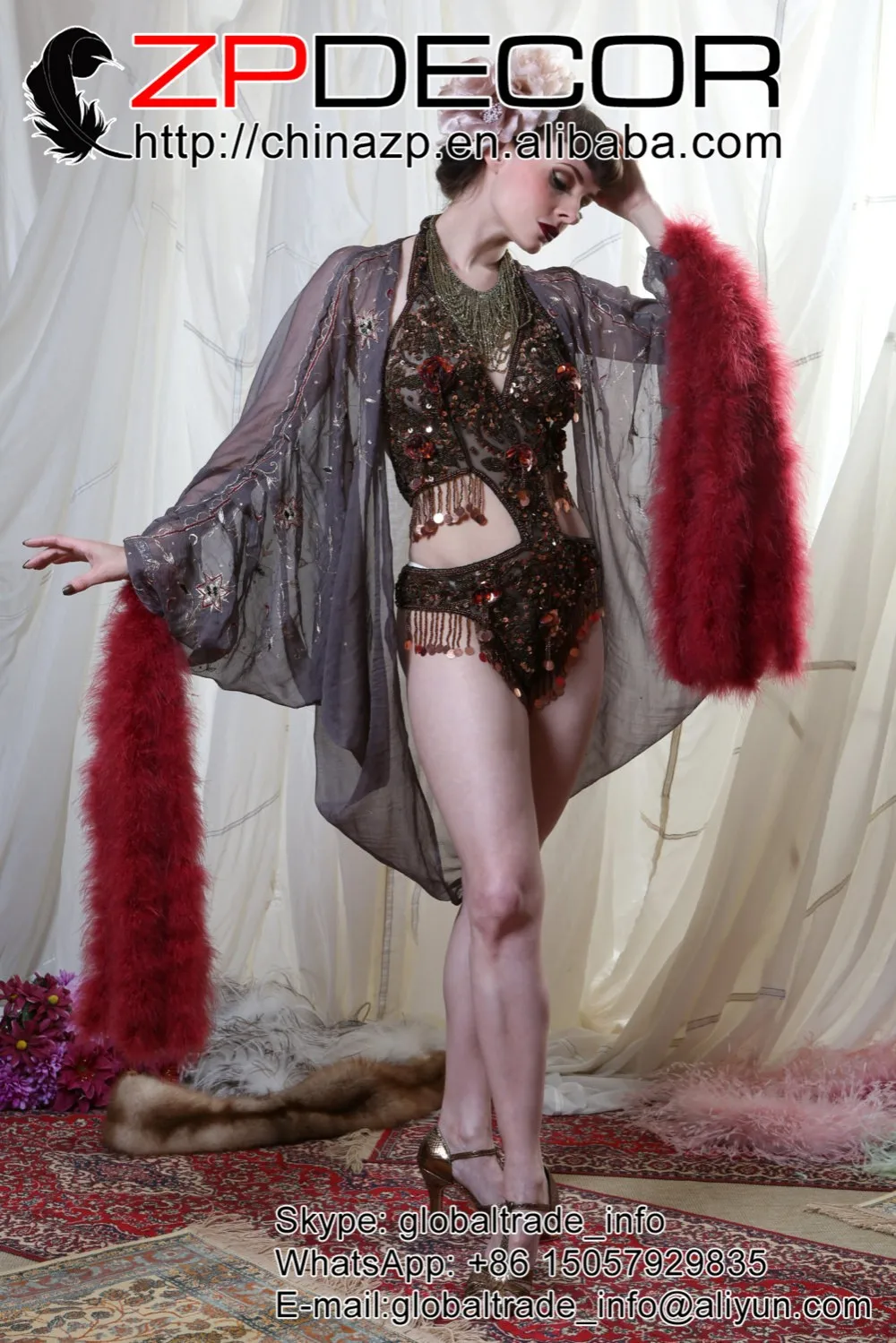 Burgundy Showgirl Feather Cuffs