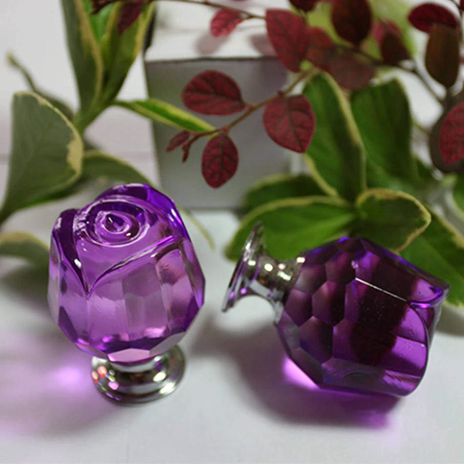 6pcs Glass Purple Rose Knobs Flowers Furniture Kitchen Handles Knob Chest Closet Drawer Door