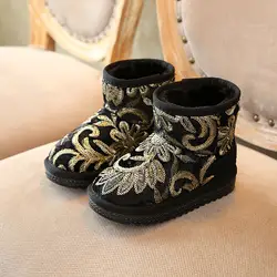 Брендовая обувь Новинка 2017 года fathion золото бархат вышитые Обувь для девочек Зимние сапоги для мальчиков Корея Детские ботинки с теплый