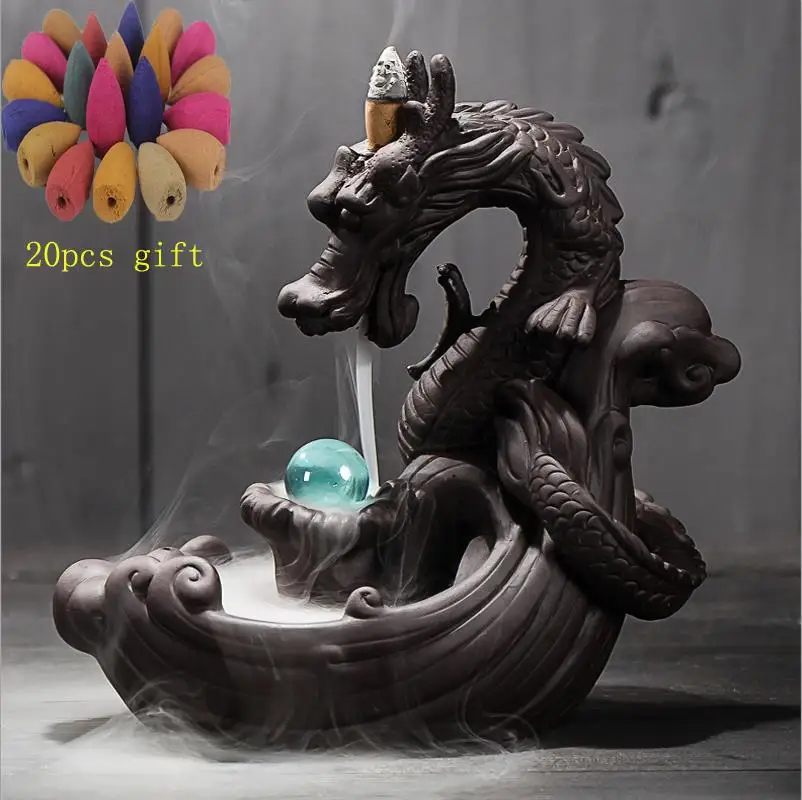 Backflow Incense Burner Dragon With Crystal Ball + 20Pcs Incense Cones Ceramic Creative Incense Holder Censer Dropshipping