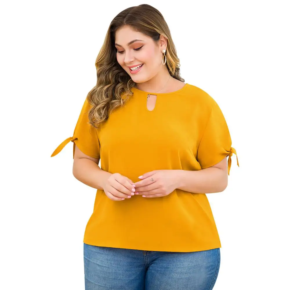 

WHZHM Summer Plus Size 3XL 4XL Tops and Blouse Women Orange Bow Loose Ladies Casual Round Neck Hollow Out Lace Up Shirt Femme