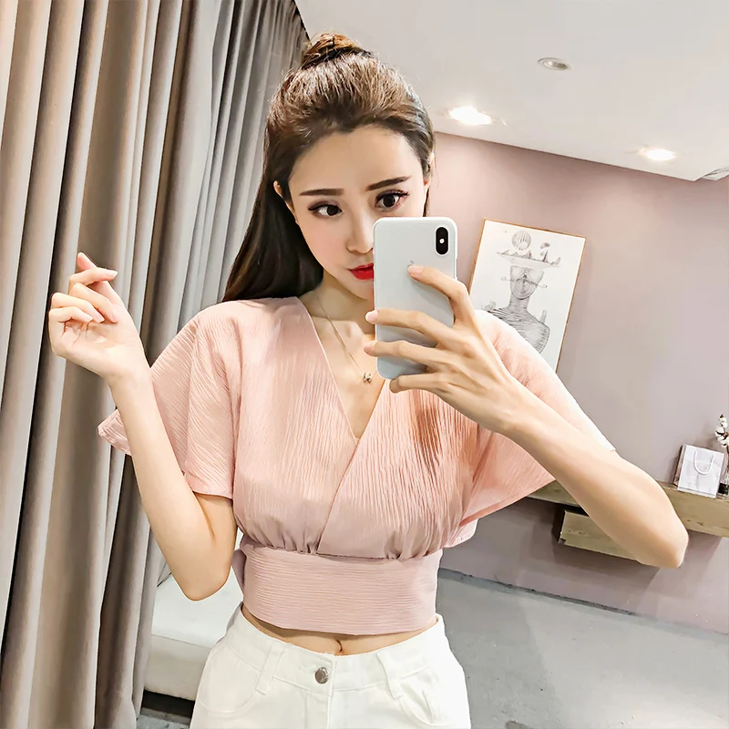 

2018 New Fashion Summer Backless Shirt flare sleeve women blouse sexy casual bow tie v neck short sleeve female chic crop tops