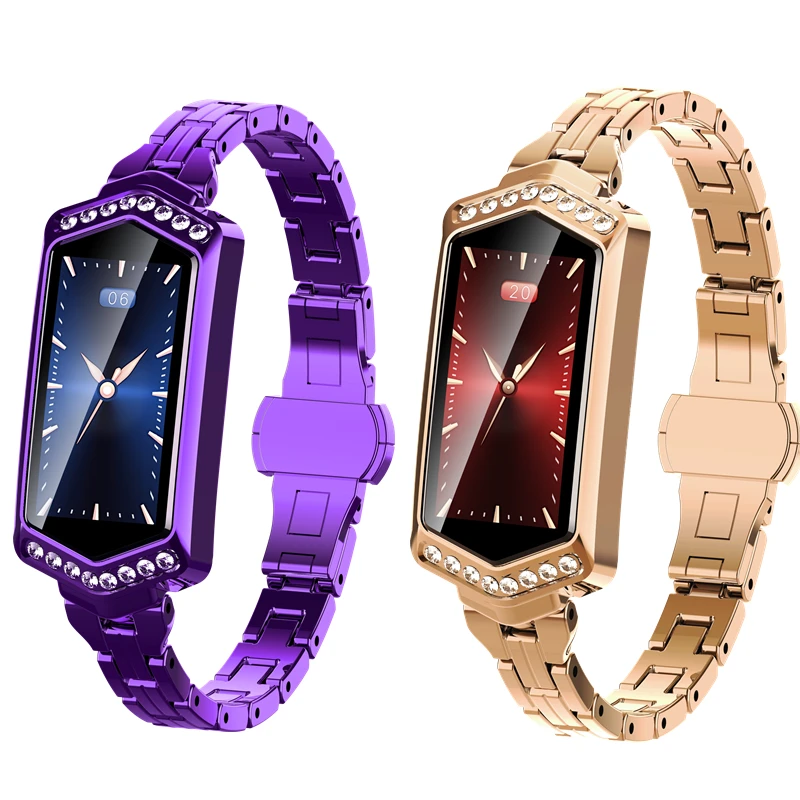 Luxury Diamond Smart Watch for Women Sport IP67 Waterproof Bluetooth For Android IOS Iphone Rose Gold Purple Bracelet Watch 2019