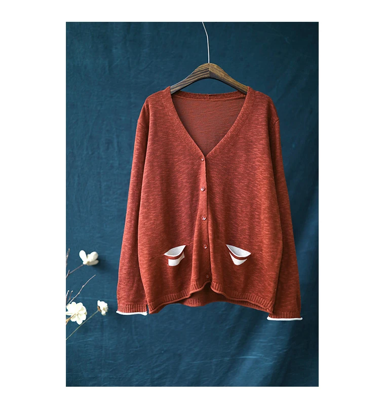 Johnature, осенний свитер, новые женские пальто, вязаные кардиганы с карманами, v-образный вырез, длинный рукав, повседневный Однотонный свитер, 7 цветов - Цвет: Brick red