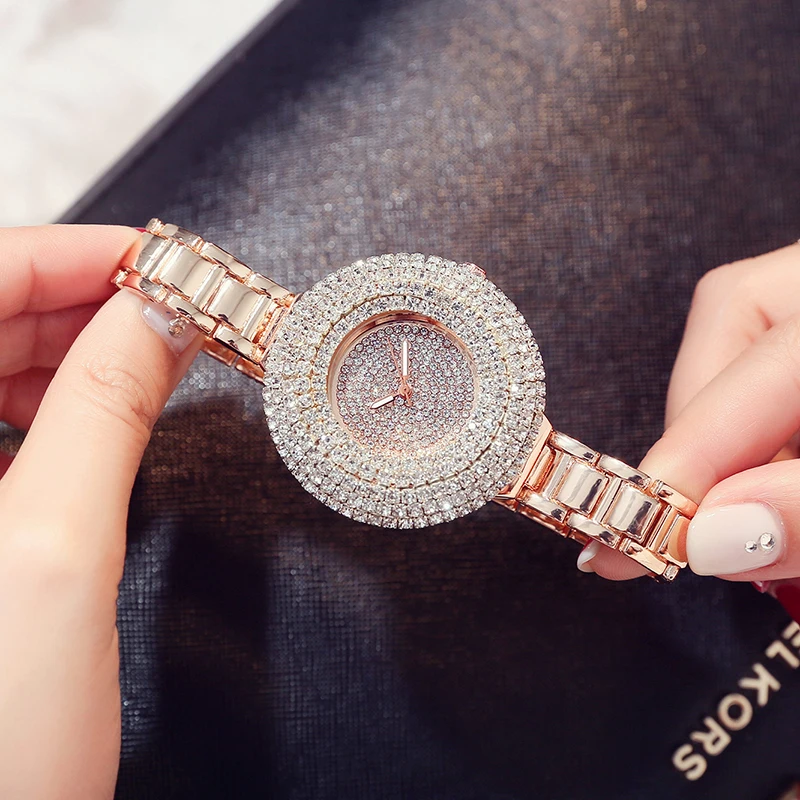 Luxury Top Brand Rose Gold Quartz Womens Watch Bling Bling Full Crystal Dial Stainless Steel Bracelet Dress Ladies Wristwatches