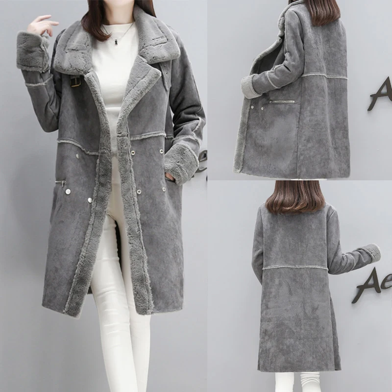 

New 2017 Winter Women Faux Lambs Wool Coat Female Medium Long Thick Warm Shearling Coats Faux Suede Leather Jackets H120