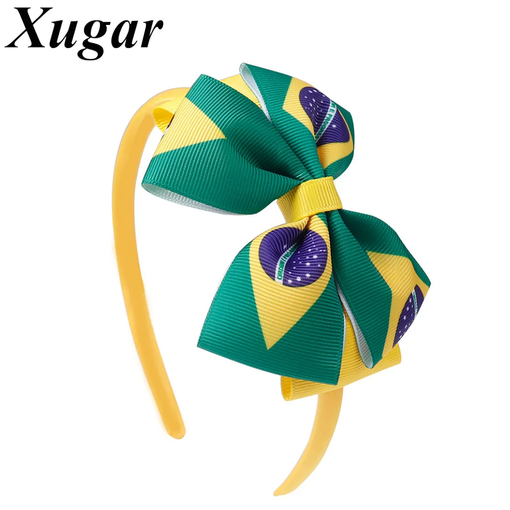 4" Brazil Flag Hairbands For Girls Handmade Grosgrain Ribbon Knot Satin Headband Brazilian