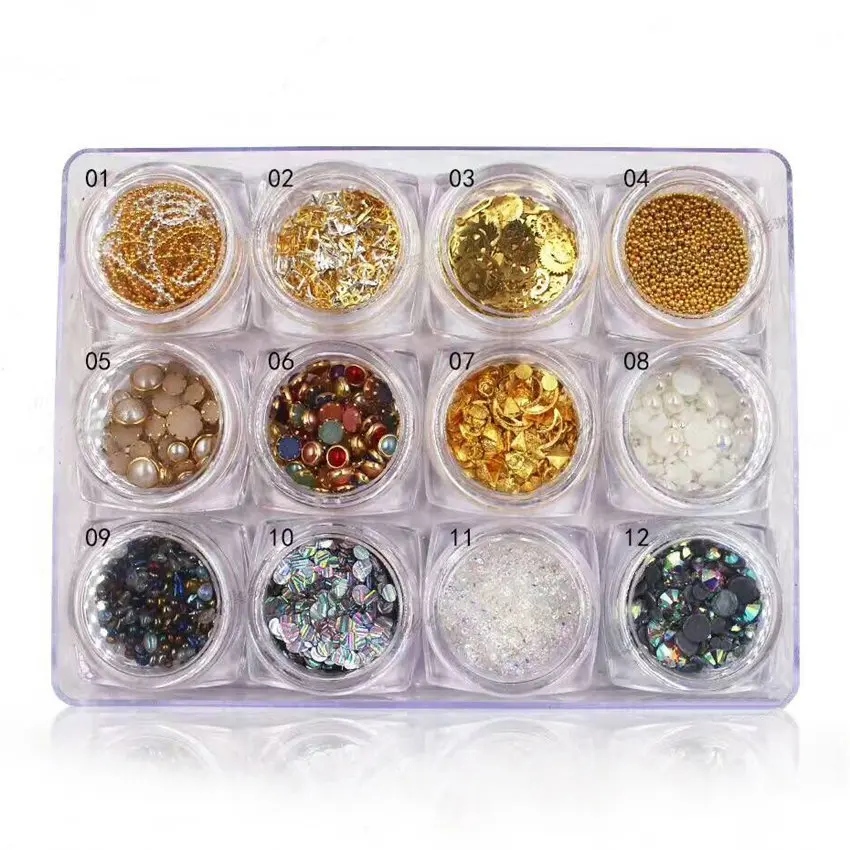 

New 12 Boxes/set Mixed Rhinestones/Pearls/Sequins/Rivets/Chain Nail Art Decorations Set Manicure DIY Beauty Nail Accessories Kit