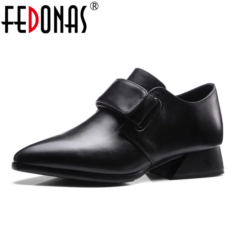 

FEDONAS 2018 New Women Pumps Low Heels Casual Shoes Genuine Leather Ladies Spring Autumn Shoes Woman Sexy Pointed Toe Punk Pumps