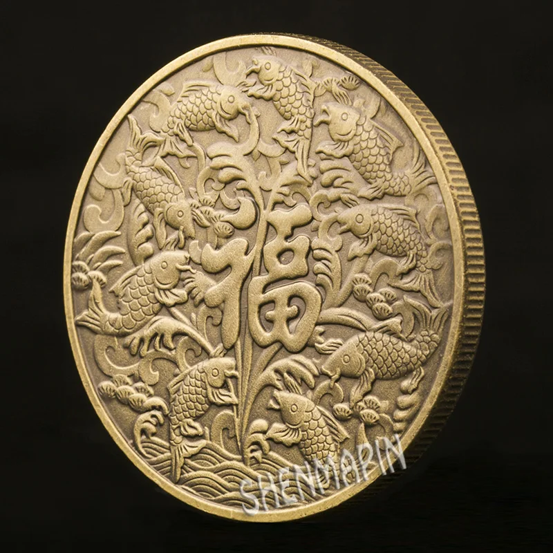 Китай Koi Fish памятная монета китайский талисман денежный античная бронза фу монеты с рыбами коллекционные украшения для дома подарок
