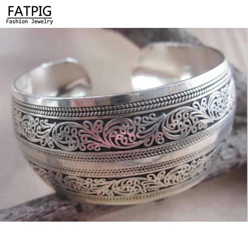 

High Quality Women Vintage Bracelets Wide Flower Printing Tibet Silver Plated Totem Cuff Bracelets Bangles