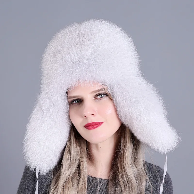DUOUPA русский кожаный Бомбер шляпа для женщин зимняя шапка Earflap натуральным лисьим Мех животных пояса из натуральной кожи шапки с ушанки - Цвет: F