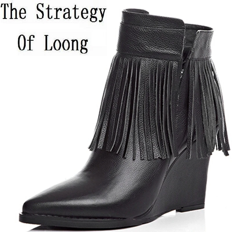 Autumn Winter Women Wedges Genuine Leather Tassel Pointed Toe Side