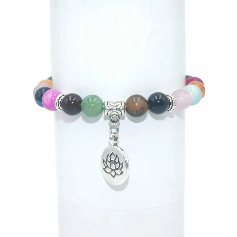 Натуральный камень Бусины «Лотос» Браслет Лазурит Амазонит Агаты мала бусины браслеты для женщин мужчин Йога браслет Femme - Окраска металла: Colorful Stripe