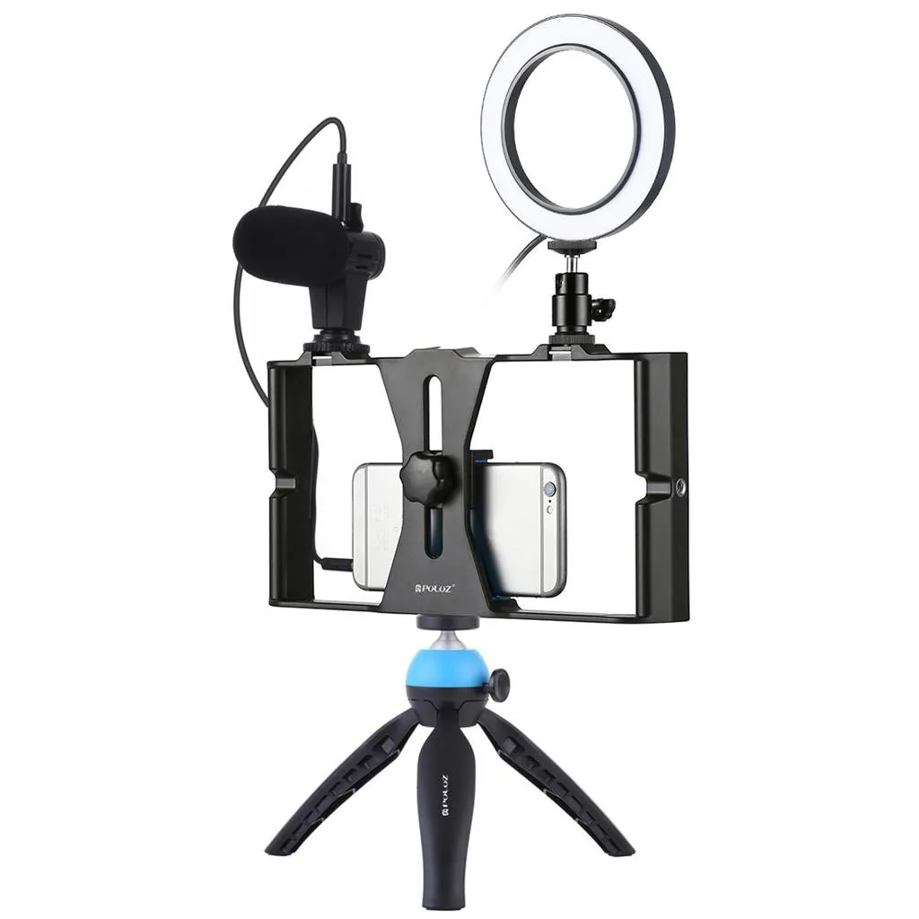 

2019 4 in 1 Vlogging Live Broadcast Smartphone Video Rig +4.6 inch Ring LED Video Light & Microphone+Tripod Mount+Tripod Head