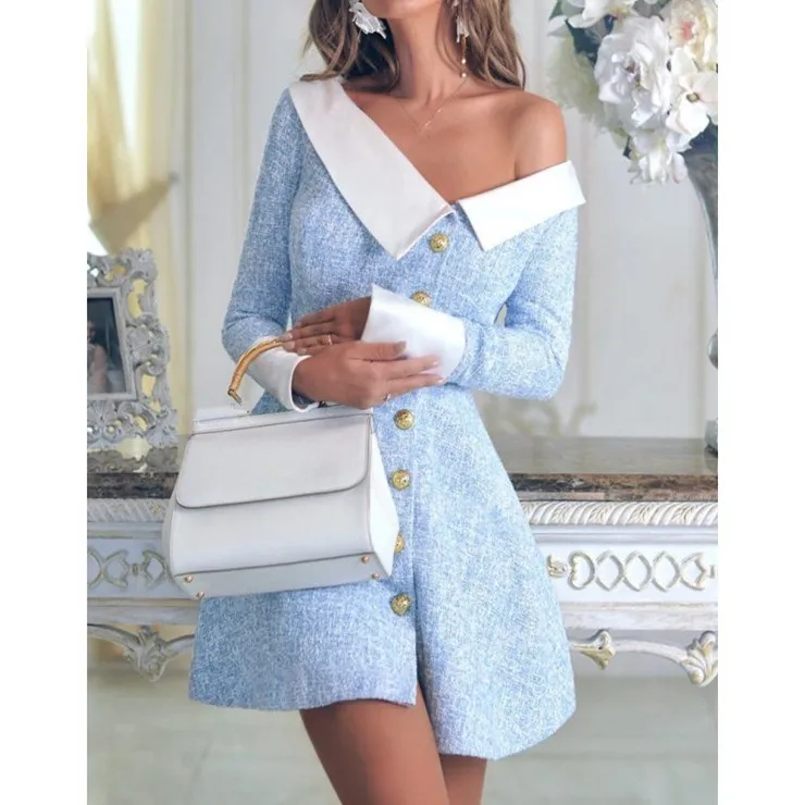 

2019 Spring Slash Neck Long Sleeve Women Empire A-line Dress Vintage Single Breasted Mini Dress Work Slim Dresses