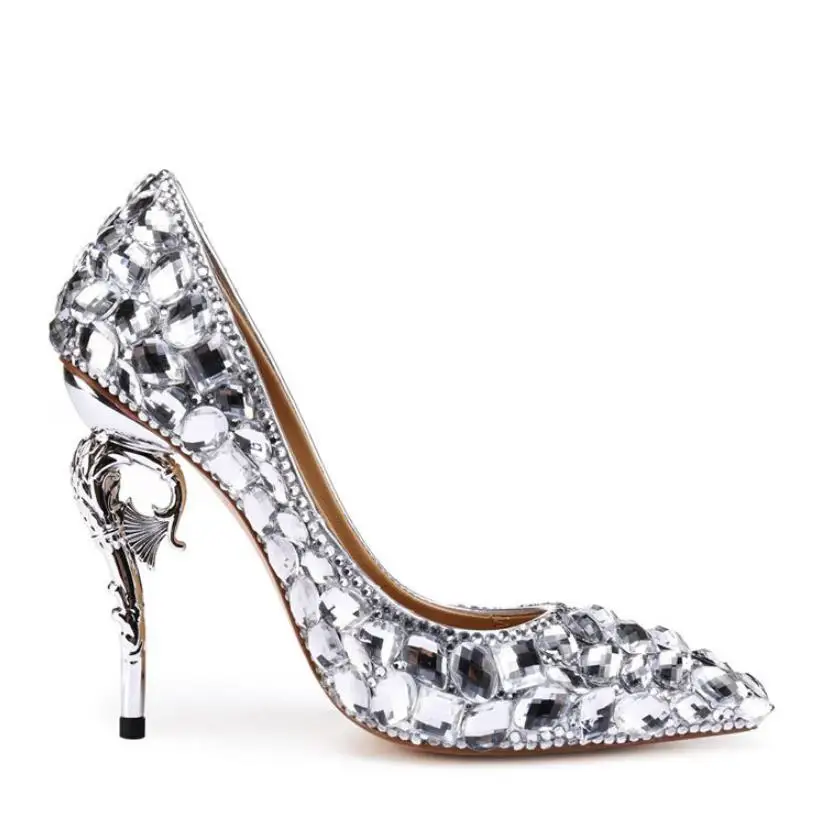 Gros À Profonde Pointu Hippocampe Diamant Peu Avec Cuir Et Femmes Haut Hauts Argent Talons Mode En Bouche Chaussures Américain Gamme Européen De 7WCHv