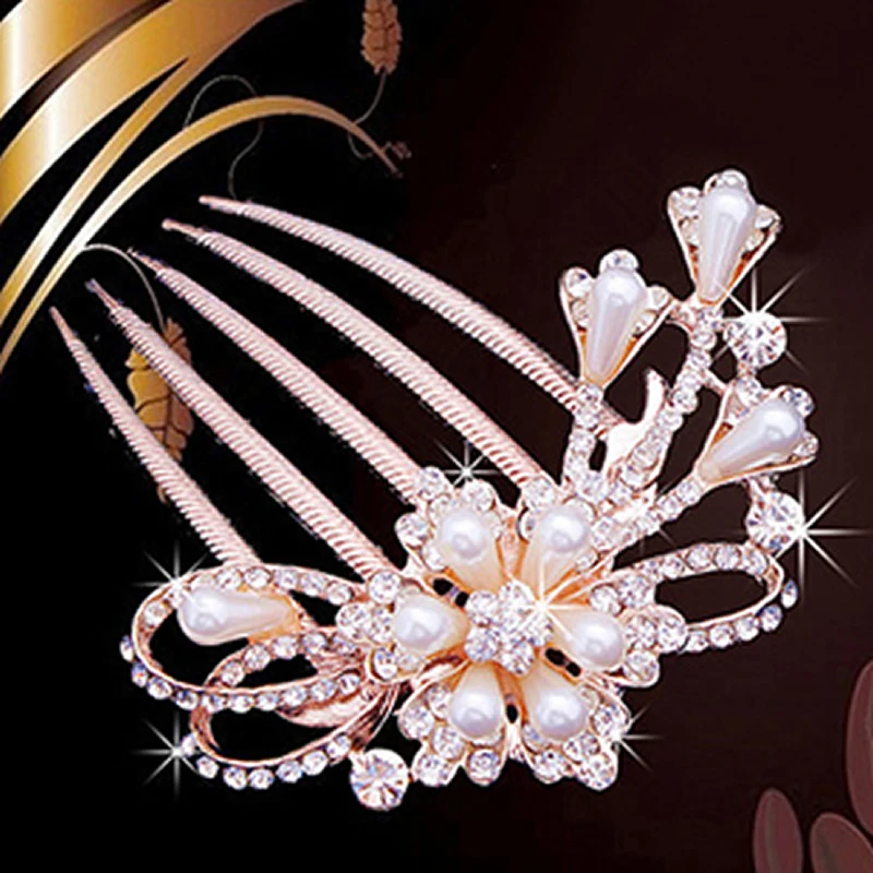 1pcs Fashion Pearls Crystal Rhinestone Hairpin Flower Diamante Hair Clip Comb For Wedding Bridal