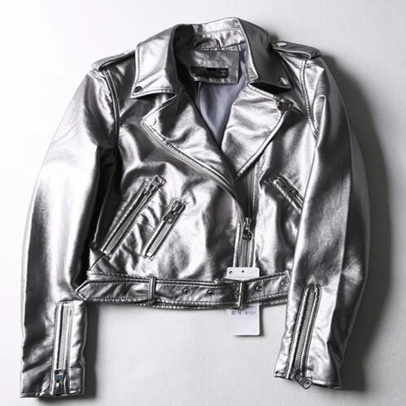 autumn new metal light colored short paragraph machine wagon jacket