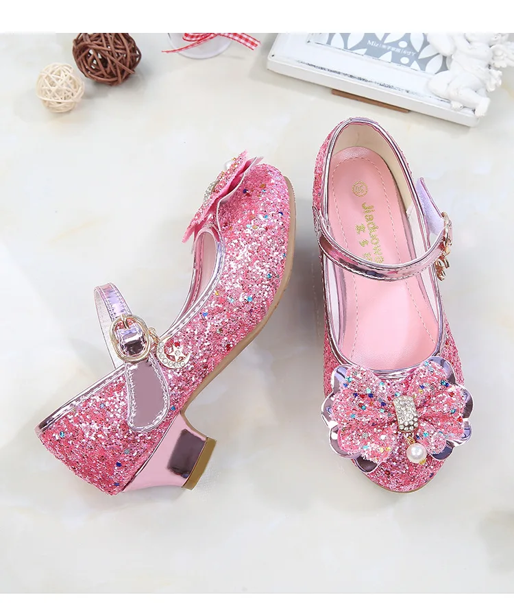 ULKNN Princess Kids Leather Shoes For Girls Flower Casual Glitter Children High Heel Girls Shoes Butterfly Knot Blue Pink Silver