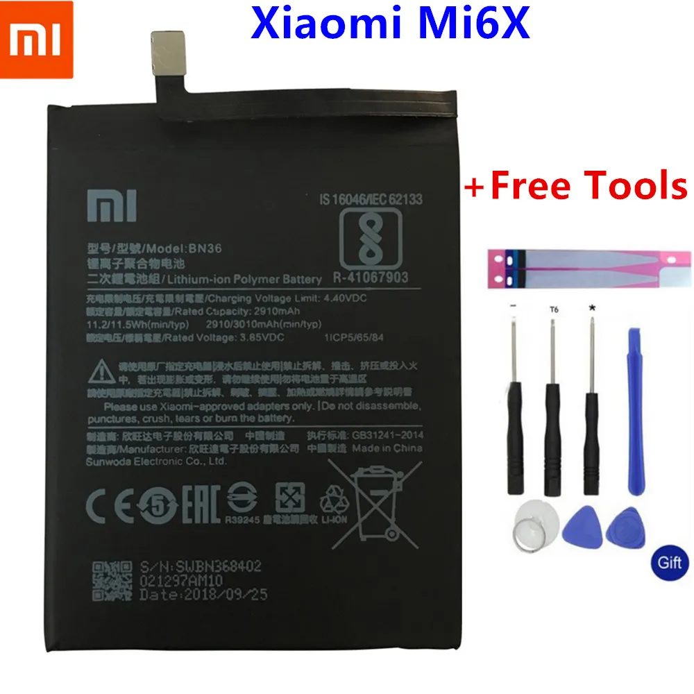 

Xiaomi Original Replacement Phone Battery BN36 For Xiaomi Mi6X Mi 6X MiA2 Mi A2 Capacity 2910mAh Genuine Li-ion battery Tools