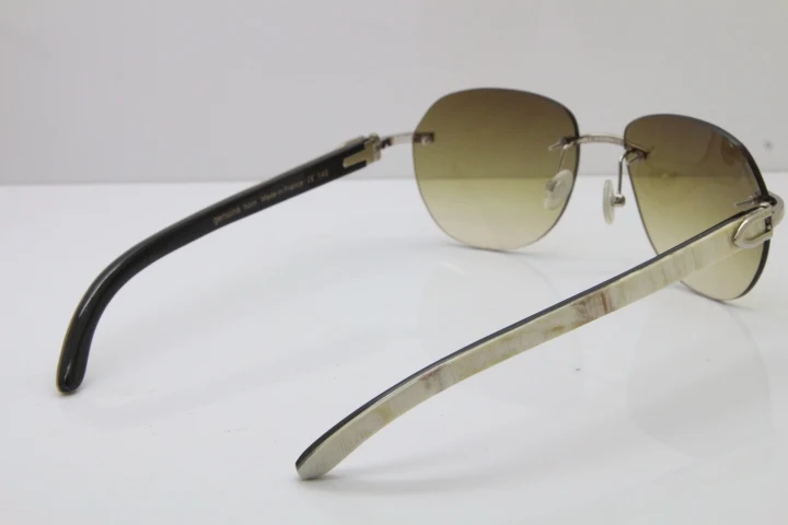 Cartier Rimless 8300729 Black Mix White Buffalo Horn Sunglasses In Silver Brown Lens  (8)