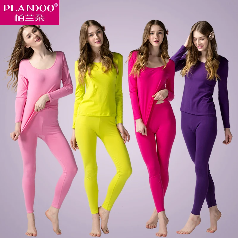 Long Johns Women 9 Bright Colors Cotton Thermal Underwear Thin O neck