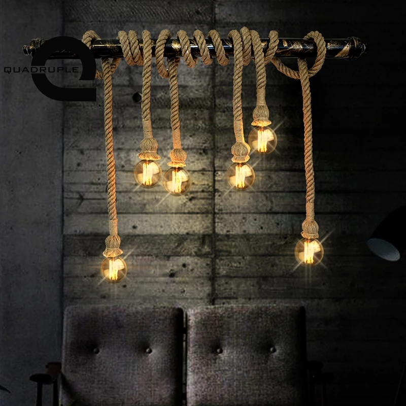 

Quadruple Vintage Hemp Rope Pendant Light Personality Loft E27 Edison Bulb Pendant Lamp DIY Living Room Cofe Bar Lighting Decor