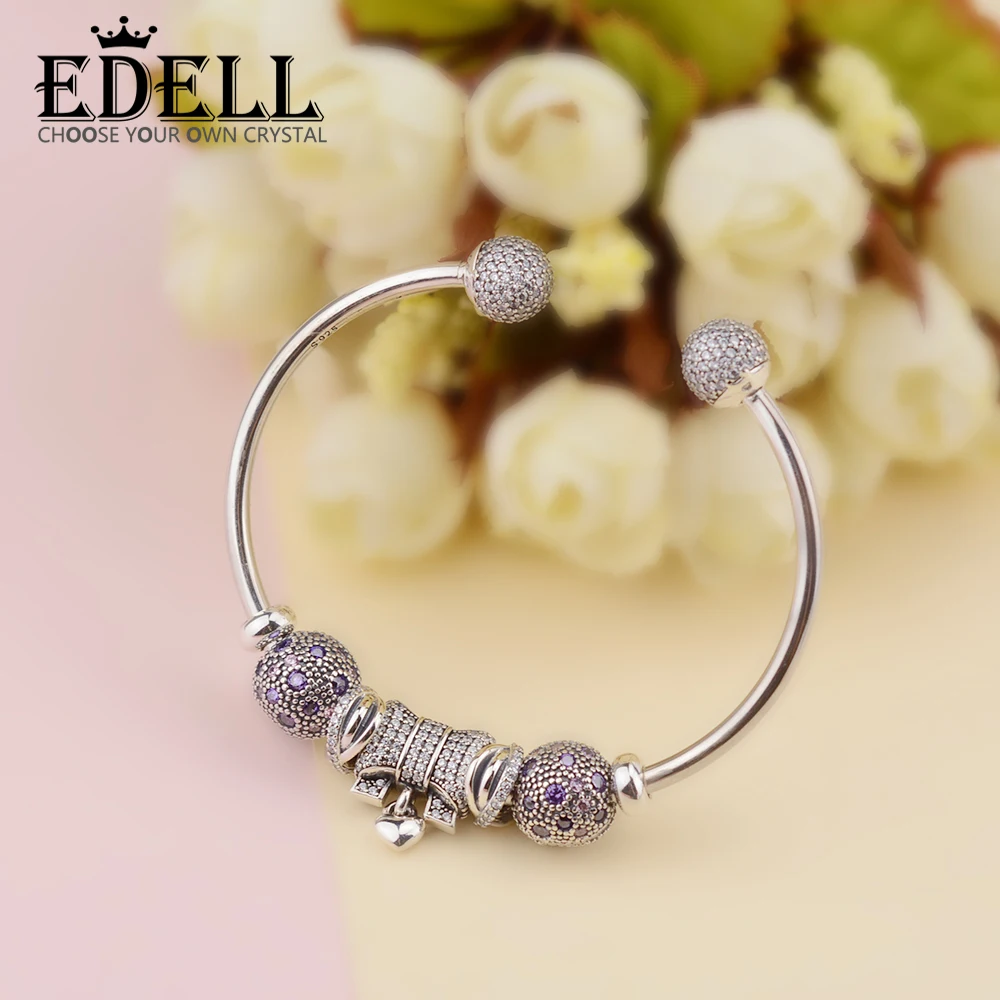 

EDELL Genuine 100% 925 Sterling Silver bangle Fashion crystal For Set Women Bracele Original Jewelry charm birthday Gift