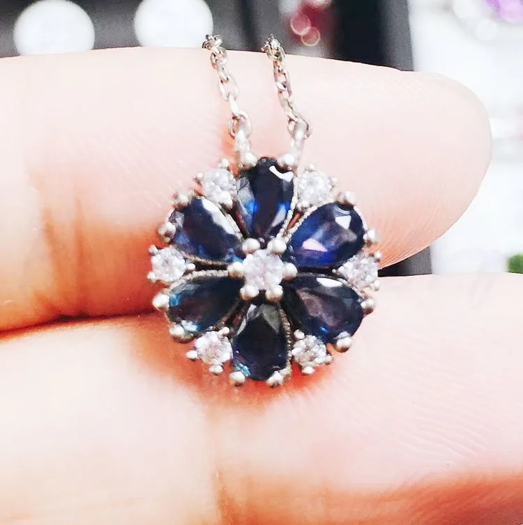 

Sapphire necklace pendant Free shipping Natural blue sapphire 925 sterling silver 0.35ct*6pcs gemstone Flower style #XY18091902