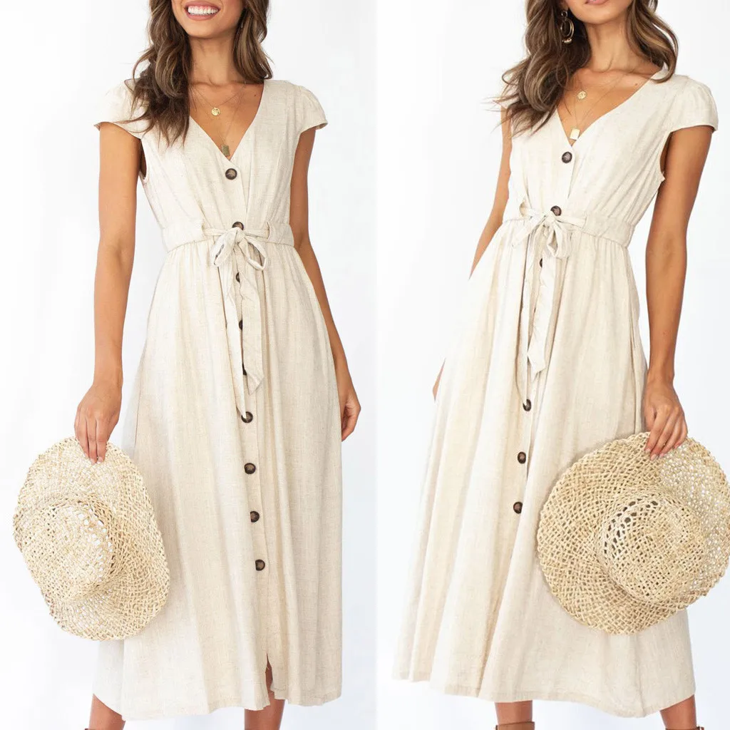 2019 جديد أنيق الأنثى Kleid المرأة الصيف النقي قصيرة الأكمام V-طوق زر اللباس Abito دا دونا علاء مودا