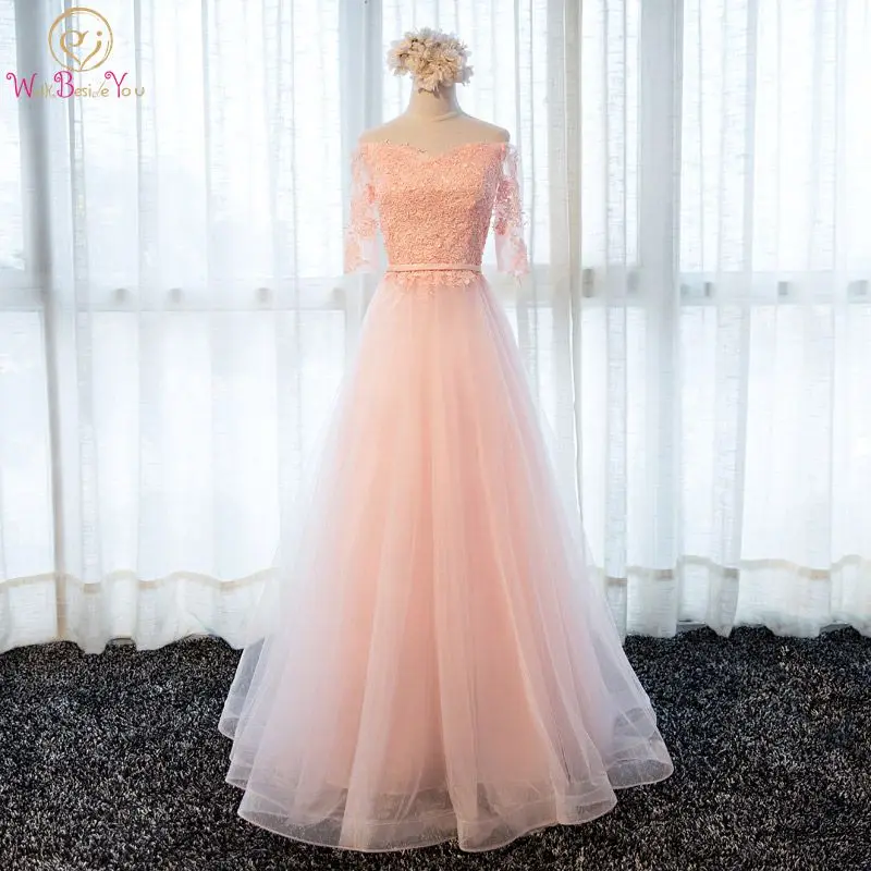 

Walk Beside You Sexy Navy Blue Pictures Long Evening Dresses Half Sleeves Lace Applique Off the Shoulder Wine Pink Prom Dresses