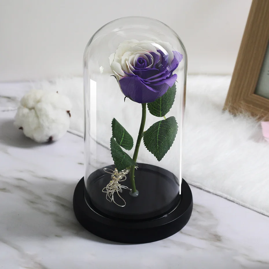 LED Lamp In Flask Glass Dome Artificial Flower with Eternal Battery Natural Real Madrid for Wedding Mother's Day Birthday Gift