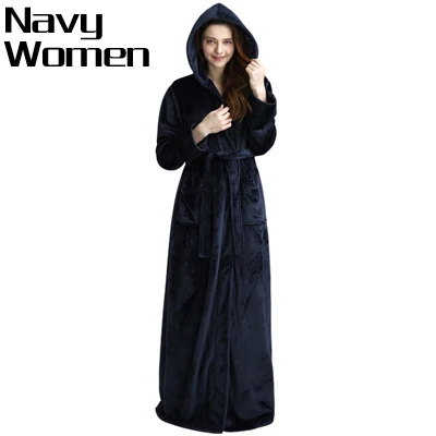 Женский удлиненный теплый Халат с капюшоном, утепленный фланелевый зимний кимоно, банные мужские халаты, теплый халат, халаты для подружки невесты - Цвет: Navy women
