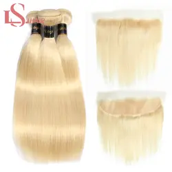 LS Hair 613 platinum blonde remy человеческие волосы прямые 3 пучка и фронтальная кружевная 13x4 светлые пучки волос для наращивания 8-26 дюймов