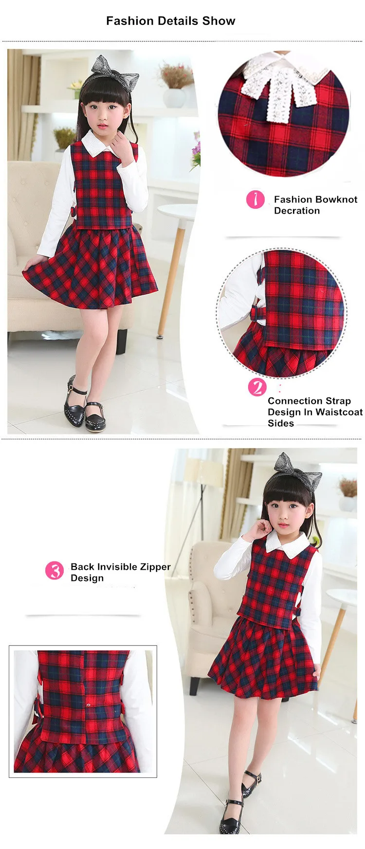 Girls White Shirt Plaid Waistcoat Skirts 3PCS Suit 2