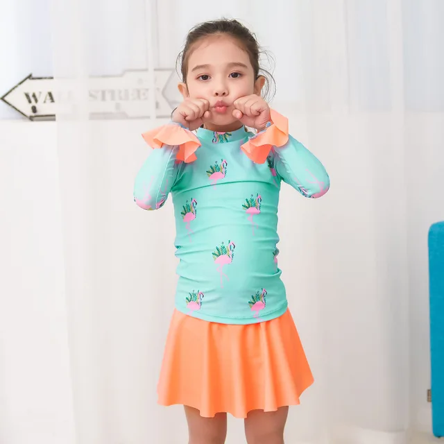 Cheap Swimsuit For Girls Kids 2018 Children's Swimwear Girl Swimming Suit Bathing Suits Children Long Sleeve Leaf Short Skirt Split
